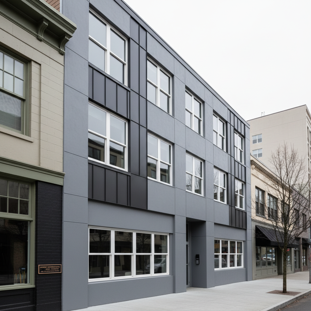 A mid-rise commercial building façade typical of Washington’s urban centers, featuring freshly painted, smooth concrete and metal paneling in a cohesive palette of cool gray and charcoal, with crisp white window frames. The clean, uniform coating shows no drips or patchiness, subtly reflecting soft daylight from an overcast sky. The camera angle is slightly upward, emphasizing the height and scale of the professional exterior work, with sharp focus on edges and corners. Photographic realism with a clean, modern aesthetic and a confident, reliable mood, illustrating expert commercial exterior painting in King, Pierce, and Snohomish county business districts.
