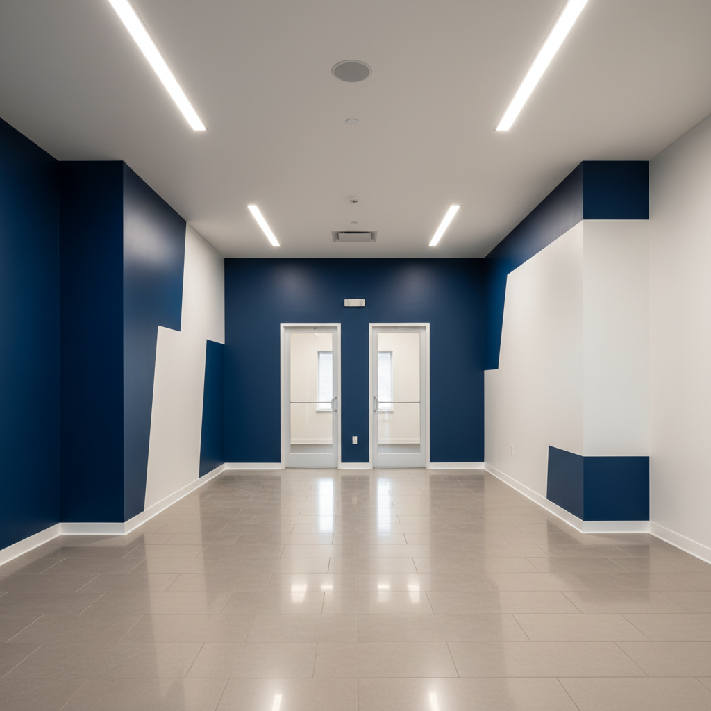 A sleek, newly painted commercial office lobby in the Pacific Northwest, with bold yet tasteful accent walls in deep navy and warm white, meeting in perfectly sharp, straight lines. Metal-framed glass doors and neutral tile flooring reflect subtle overhead LED lighting, which creates clean highlights on the smooth, satin-finish surfaces. The space is uncluttered and modern, shot from a slightly wide, eye-level angle to show the full scope of the professional commercial painting work. Photographic realism, crisp details, and a confident, polished mood, representing fast, high-quality painting results for businesses without any signage or visible address details.