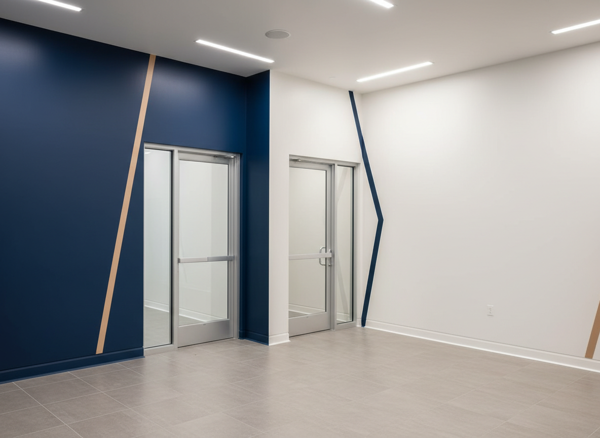 A sleek, newly painted commercial office lobby in the Pacific Northwest, with bold yet tasteful accent walls in deep navy and warm white, meeting in perfectly sharp, straight lines. Metal-framed glass doors and neutral tile flooring reflect subtle overhead LED lighting, which creates clean highlights on the smooth, satin-finish surfaces. The space is uncluttered and modern, shot from a slightly wide, eye-level angle to show the full scope of the professional commercial painting work. Photographic realism, crisp details, and a confident, polished mood, representing fast, high-quality painting results for businesses without any signage or visible address details.