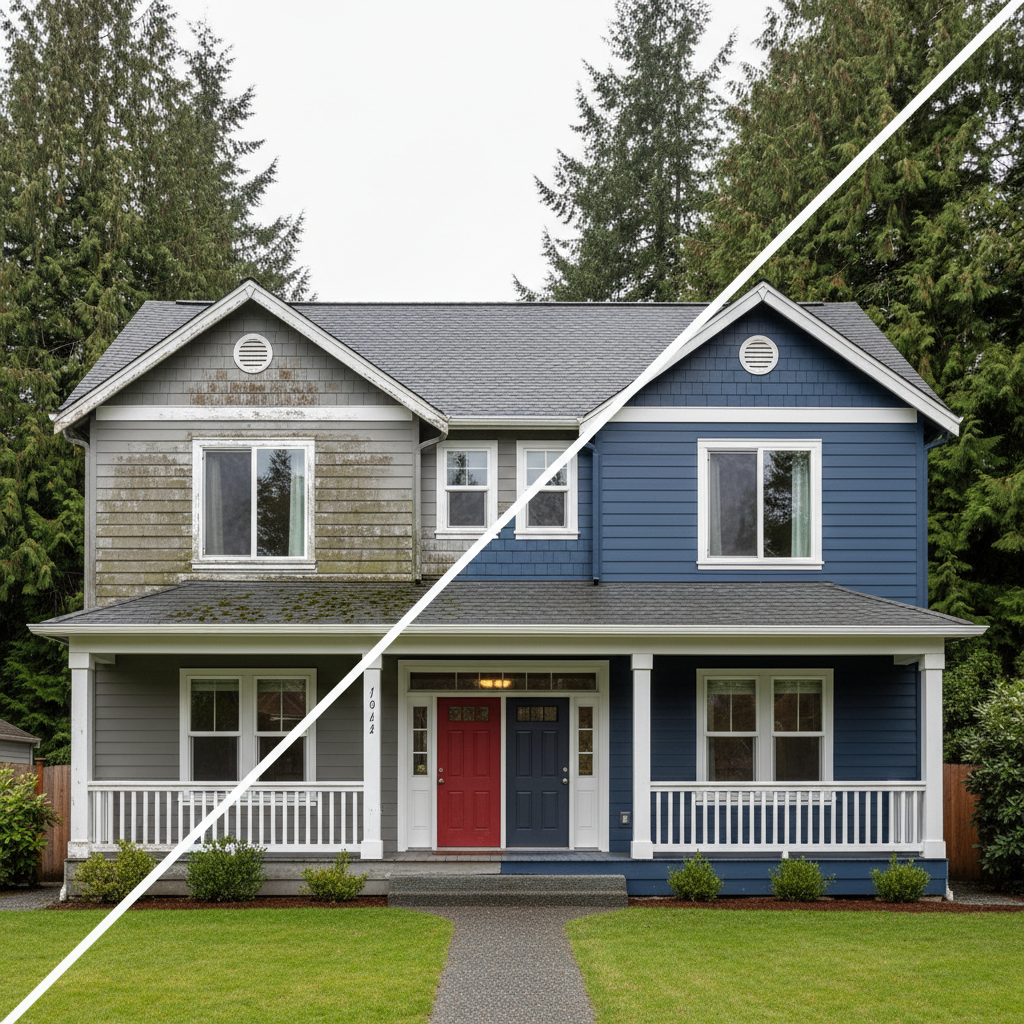 A dramatic before-and-after exterior view of a two-story Pacific Northwest home, split diagonally in the frame: one side shows weathered, faded siding, the other side shows freshly painted lap siding in a rich, slate blue with immaculate white trim. Evergreen trees and a soft overcast sky typical of western Washington surround the house, with diffused natural light evenly illuminating the new paint’s smooth, satin finish. Photographic realism, shot from a slightly low, wide angle to emphasize curb appeal and transformation. The atmosphere feels clean, refreshed, and vibrant, reinforcing the impact of professional exterior painting in local residential neighborhoods.