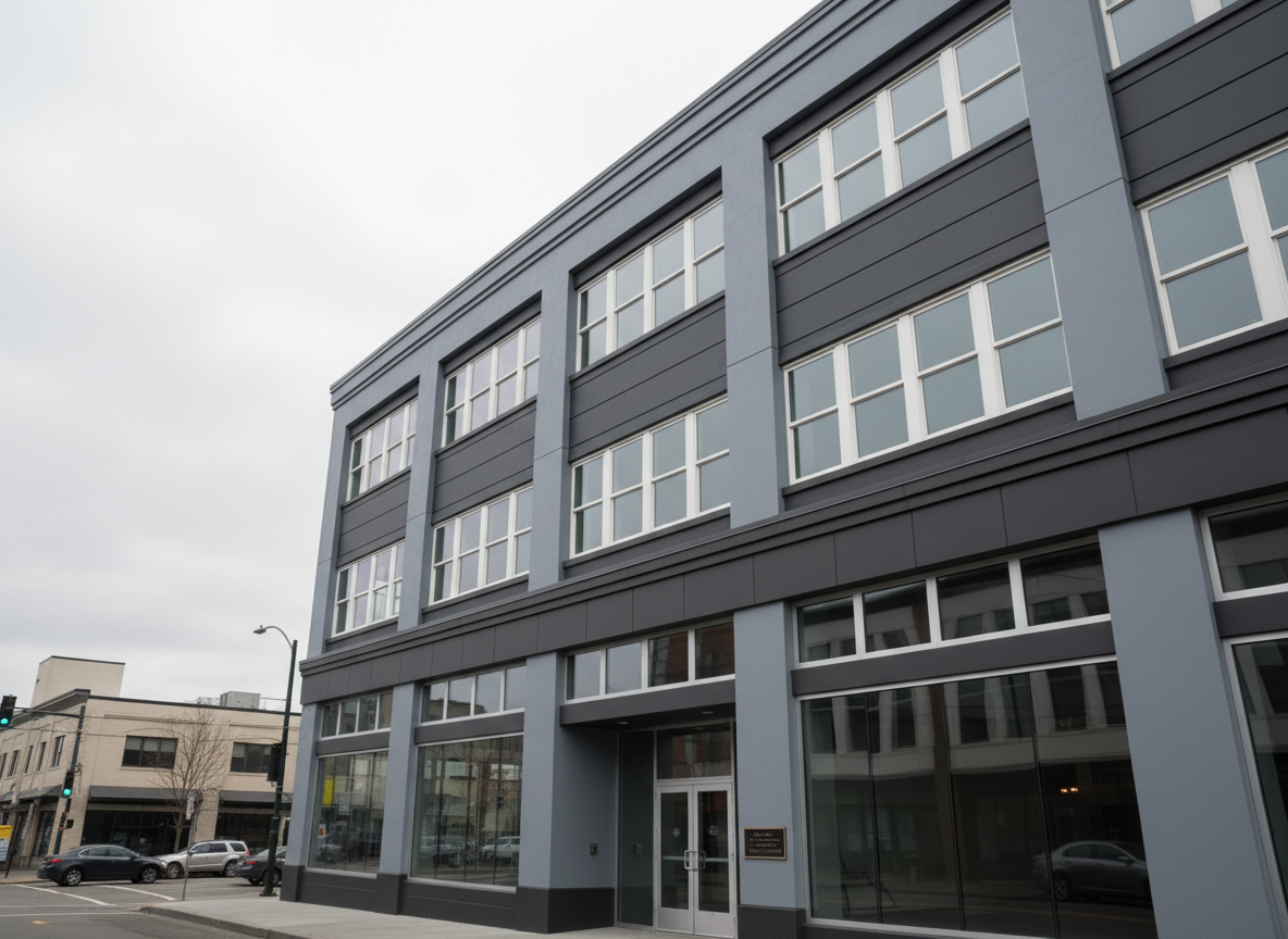 A mid-rise commercial building façade typical of Washington’s urban centers, featuring freshly painted, smooth concrete and metal paneling in a cohesive palette of cool gray and charcoal, with crisp white window frames. The clean, uniform coating shows no drips or patchiness, subtly reflecting soft daylight from an overcast sky. The camera angle is slightly upward, emphasizing the height and scale of the professional exterior work, with sharp focus on edges and corners. Photographic realism with a clean, modern aesthetic and a confident, reliable mood, illustrating expert commercial exterior painting in King, Pierce, and Snohomish county business districts.