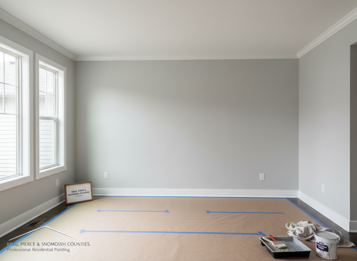 A freshly painted modern living room in a Seattle-area home, showcasing a flawless, smooth eggshell light gray wall contrasted with a crisp white ceiling and trim. A neatly covered hardwood floor with taped protective paper runs along the baseboards, and tidy paint supplies are organized in one corner. Soft natural daylight filters through large windows, casting gentle, even illumination that highlights the clean lines and uniform coverage. Photographic realism, eye-level composition with sharp focus throughout, conveying a professional, trustworthy painting service that specializes in residential interiors in King, Pierce, and Snohomish counties, Washington.