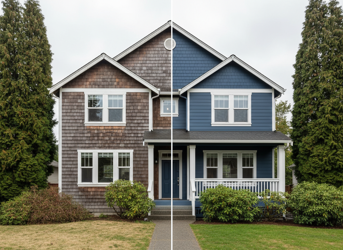 A dramatic before-and-after exterior view of a two-story Pacific Northwest home, split diagonally in the frame: one side shows weathered, faded siding, the other side shows freshly painted lap siding in a rich, slate blue with immaculate white trim. Evergreen trees and a soft overcast sky typical of western Washington surround the house, with diffused natural light evenly illuminating the new paint’s smooth, satin finish. Photographic realism, shot from a slightly low, wide angle to emphasize curb appeal and transformation. The atmosphere feels clean, refreshed, and vibrant, reinforcing the impact of professional exterior painting in local residential neighborhoods.
