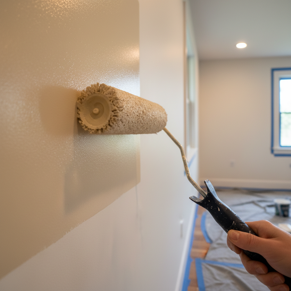 A close-up, photographic view of a high-quality paint roller smoothly applying a rich, even coat of warm beige paint onto a previously primed interior wall. The roller’s textured nap is loaded with paint, leaving a consistent, streak-free finish that subtly reflects soft indoor lighting from recessed ceiling fixtures. The background gently blurs to reveal neatly masked trim and a covered floor, emphasizing precision and care. Captured from a side angle with shallow depth of field, the mood is focused and professional, highlighting the craftsmanship and meticulous attention to detail of a residential and commercial painting contractor.