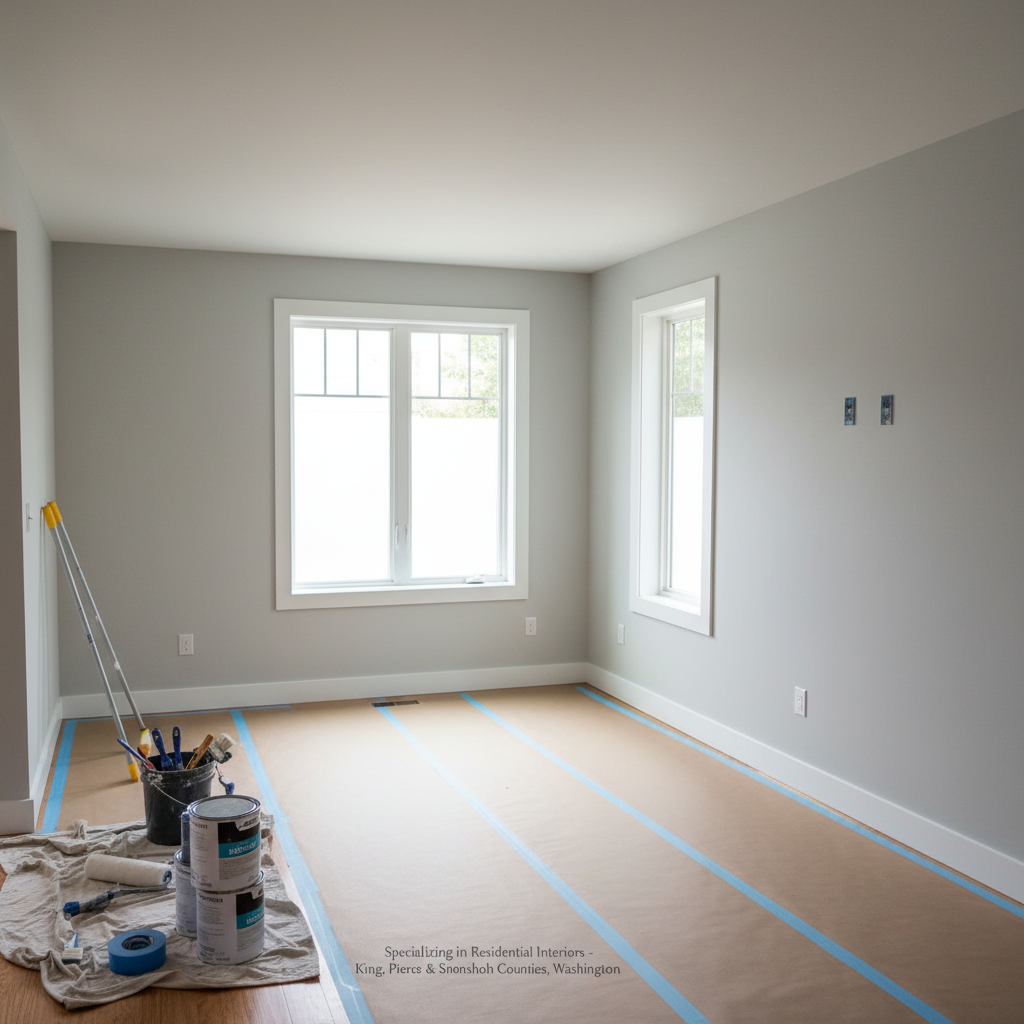 A freshly painted modern living room in a Seattle-area home, showcasing a flawless, smooth eggshell light gray wall contrasted with a crisp white ceiling and trim. A neatly covered hardwood floor with taped protective paper runs along the baseboards, and tidy paint supplies are organized in one corner. Soft natural daylight filters through large windows, casting gentle, even illumination that highlights the clean lines and uniform coverage. Photographic realism, eye-level composition with sharp focus throughout, conveying a professional, trustworthy painting service that specializes in residential interiors in King, Pierce, and Snohomish counties, Washington.